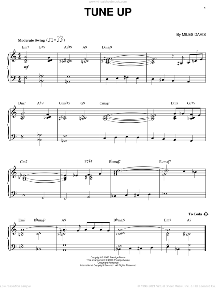 Tune Up sheet music for piano solo by Miles Davis, intermediate skill level