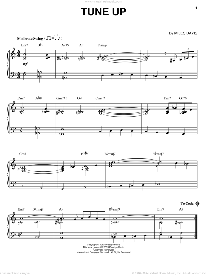 Tune Up sheet music for piano solo by Miles Davis, intermediate skill level