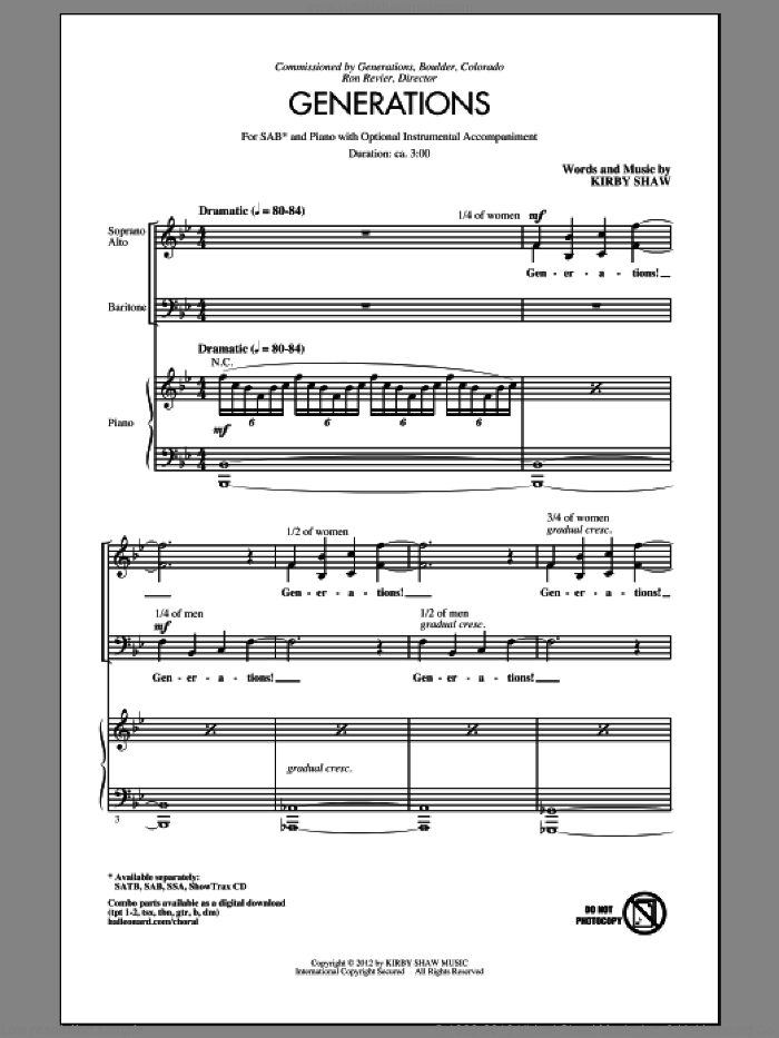 Generations sheet music for choir (SAB: soprano, alto, bass) by Kirby Shaw, intermediate skill level