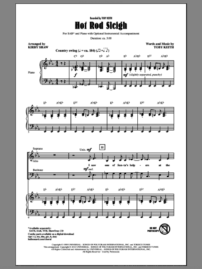 Hot Rod Sleigh sheet music for choir (SAB: soprano, alto, bass) by Kirby Shaw and Toby Keith, intermediate skill level