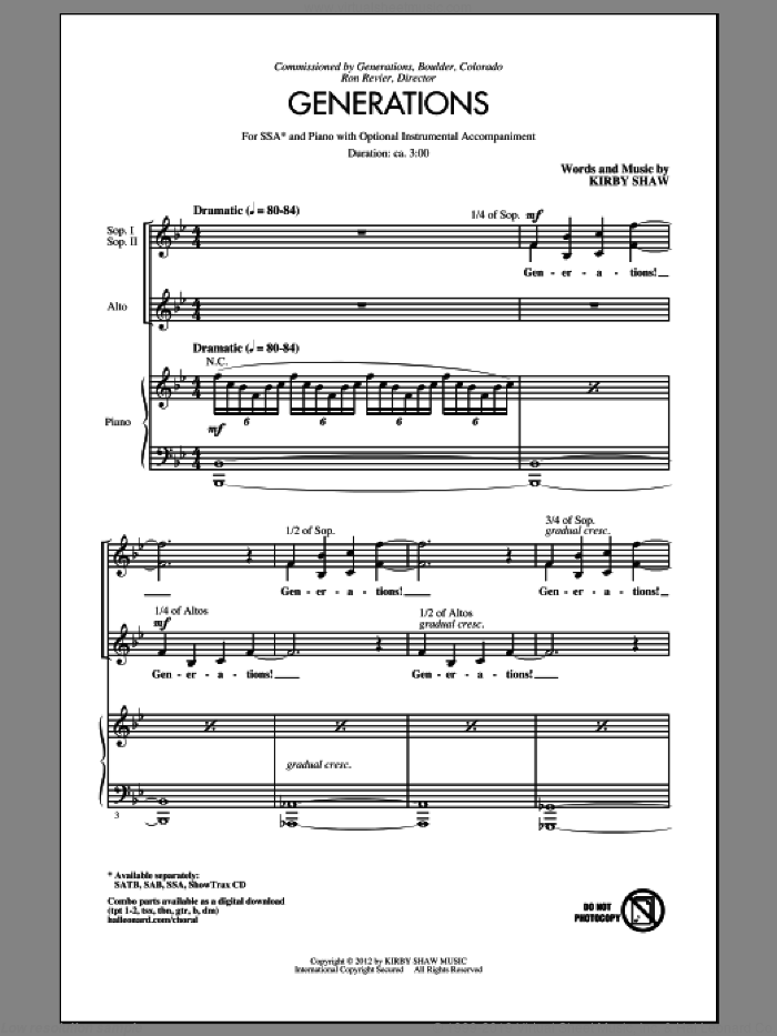 Generations sheet music for choir (SSA: soprano, alto) by Kirby Shaw, intermediate skill level