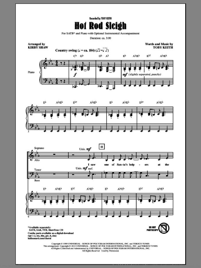 Hot Rod Sleigh sheet music for choir (SATB: soprano, alto, tenor, bass) by Kirby Shaw and Toby Keith, intermediate skill level