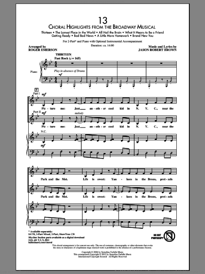 13 (Choral Highlights From The Broadway Musical) (arr. Roger Emerson) - Drums sheet music for choir (2-Part) by Roger Emerson and Jason Robert Brown, intermediate duet