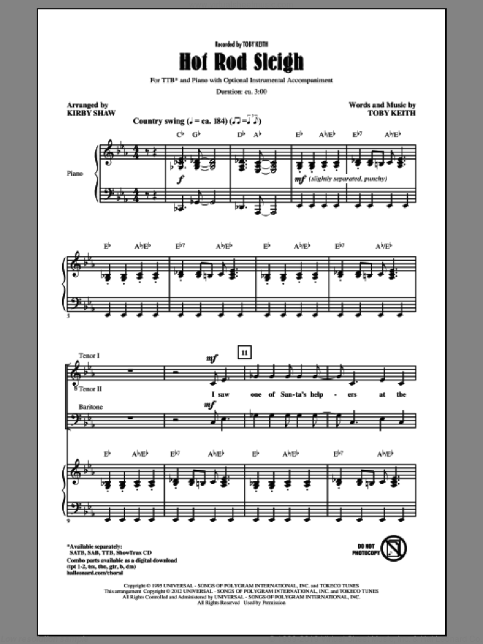 Hot Rod Sleigh sheet music for choir (TTBB: tenor, bass) by Kirby Shaw and Toby Keith, intermediate skill level