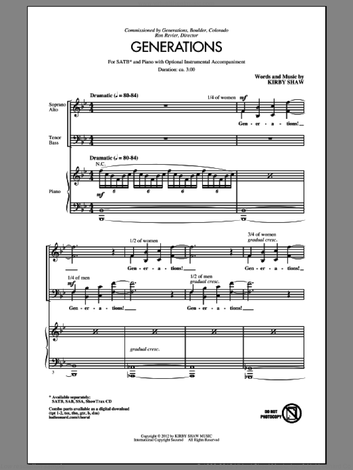 Generations sheet music for choir (SATB: soprano, alto, tenor, bass) by Kirby Shaw, intermediate skill level