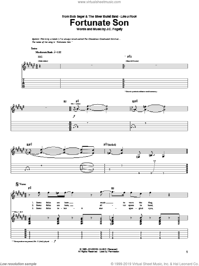 Fortunate Son sheet music for guitar (tablature) by Bob Seger, Creedence Clearwater Revival and John Fogerty, intermediate skill level