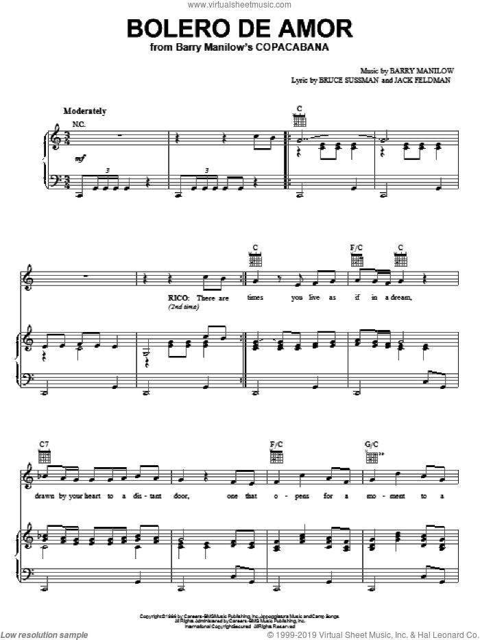 Bolero De Amor sheet music for voice, piano or guitar by Barry Manilow, Copacabana (Musical), Bruce Sussman and Jack Feldman, intermediate skill level