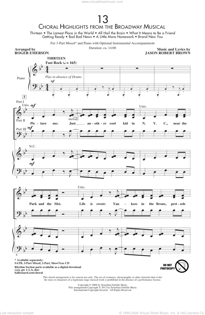 13 (Choral Highlights From The Broadway Musical) (arr. Roger Emerson) sheet music for choir (3-Part Mixed) by Roger Emerson and Jason Robert Brown, intermediate skill level