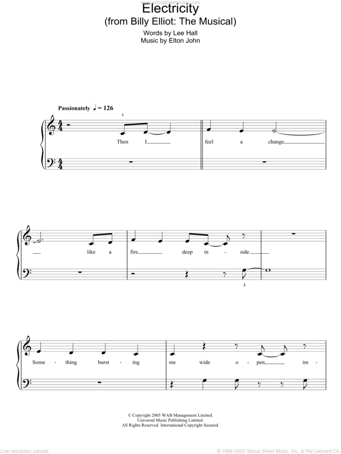 Electricity (from Billy Elliot: The Musical) sheet music for piano solo by Elton John and Lee Hall, easy skill level