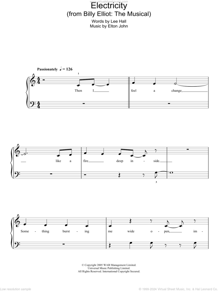 Electricity (from Billy Elliot: The Musical), (easy) (from Billy Elliot: The Musical) sheet music for piano solo by Elton John and Lee Hall, easy skill level