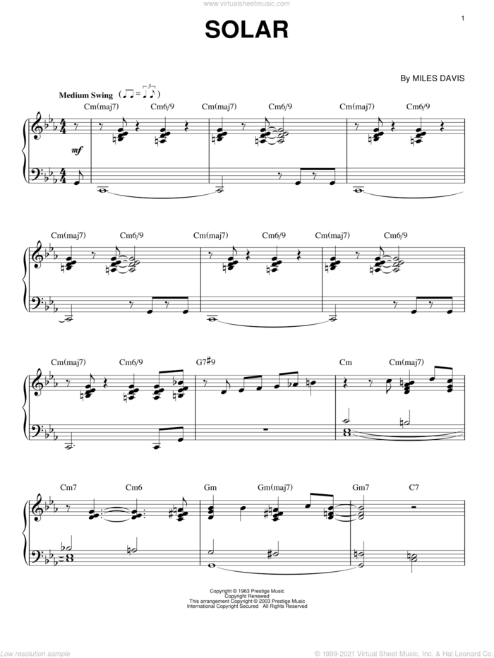 Solar sheet music for piano solo by Miles Davis, intermediate skill level