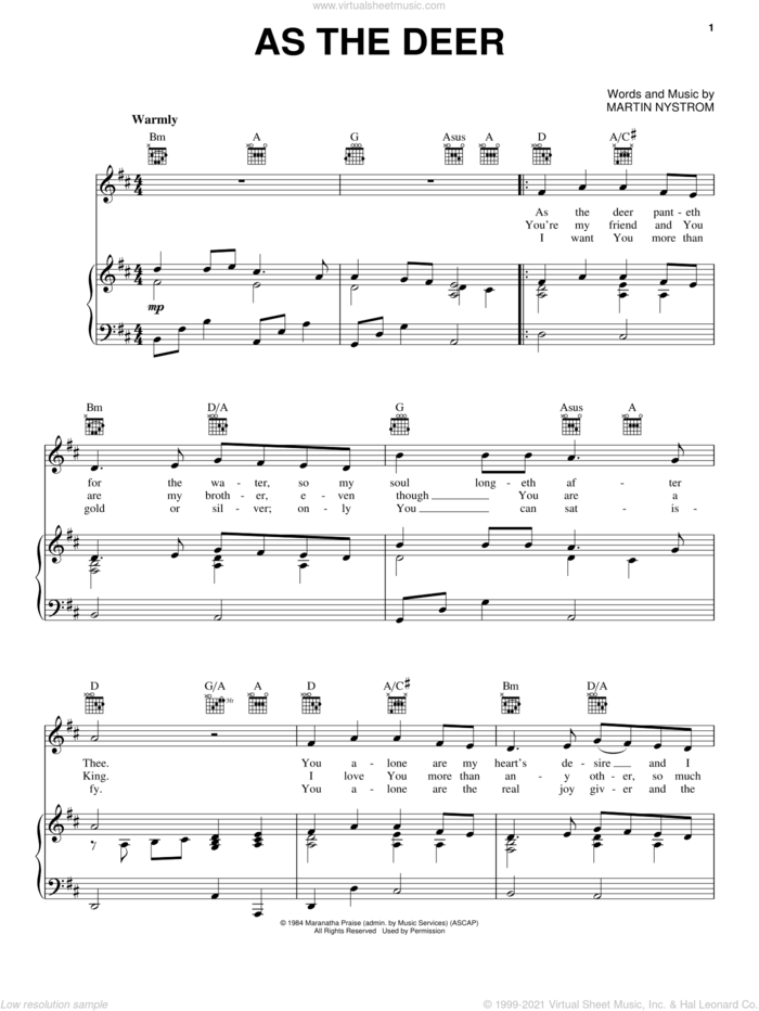 As The Deer sheet music for voice, piano or guitar by Martin Nystrom, intermediate skill level