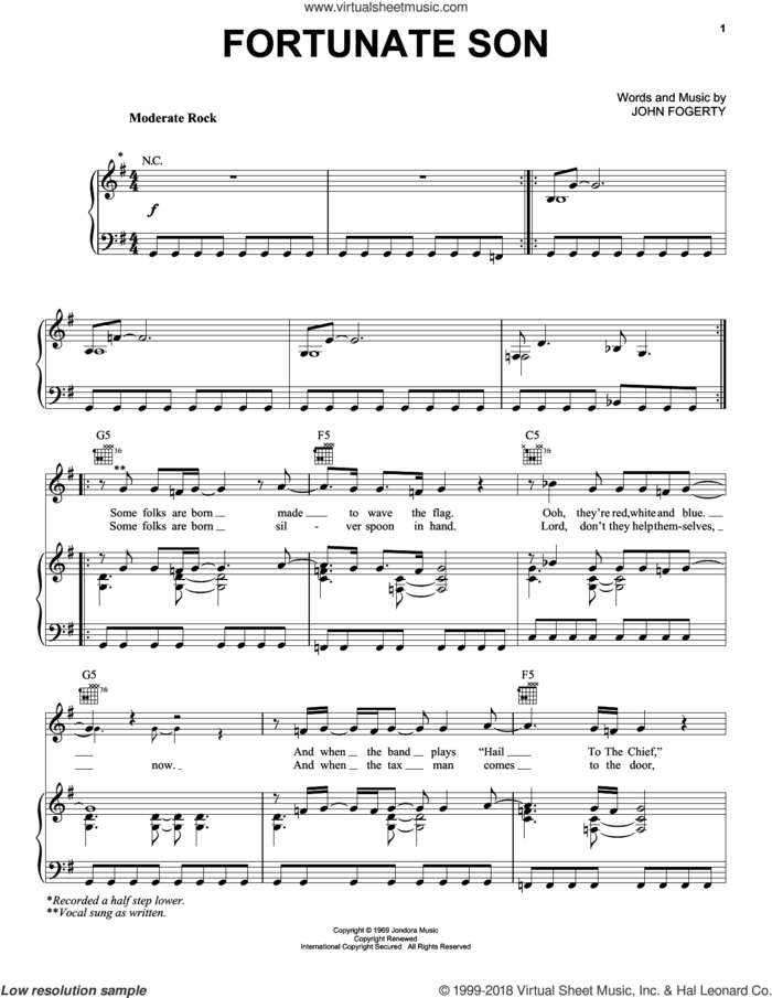 Fortunate Son sheet music for voice, piano or guitar by Creedence Clearwater Revival and John Fogerty, intermediate skill level