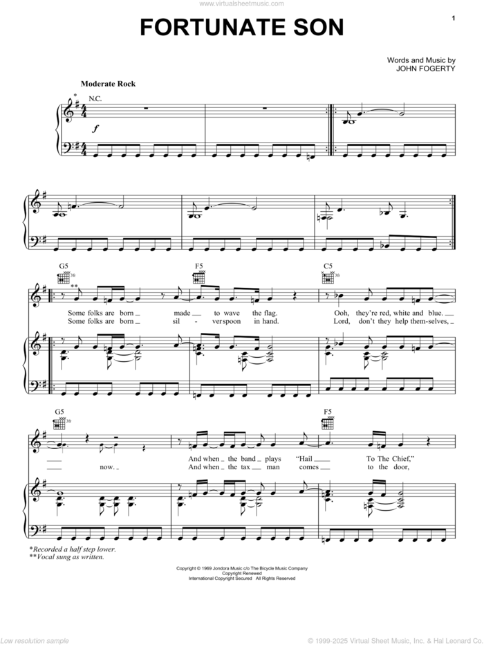 Fortunate Son sheet music for voice, piano or guitar by Creedence Clearwater Revival and John Fogerty, intermediate skill level