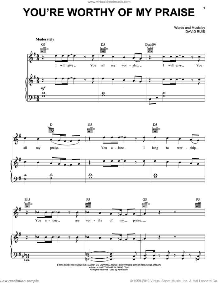 You're Worthy Of My Praise sheet music for voice, piano or guitar by Jeremy Camp and David Ruis, intermediate skill level
