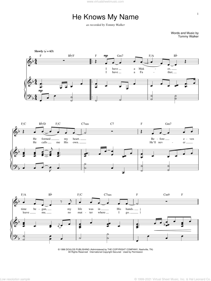 He Knows My Name sheet music for voice and piano by Tommy Walker, intermediate skill level