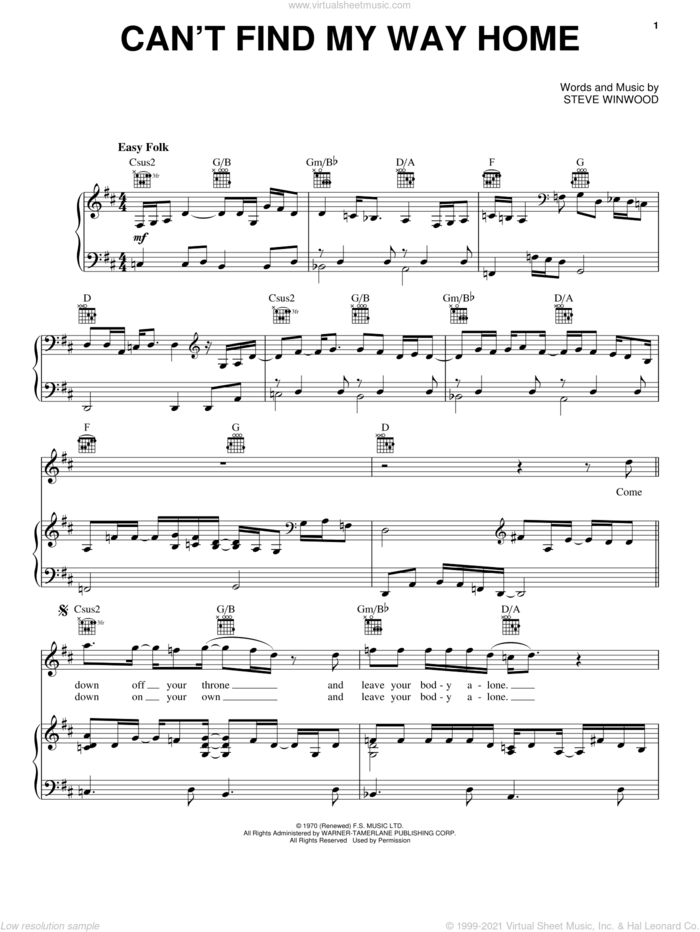 Can't Find My Way Home sheet music for voice, piano or guitar by Joe Cocker, Eric Clapton and Steve Winwood, intermediate skill level