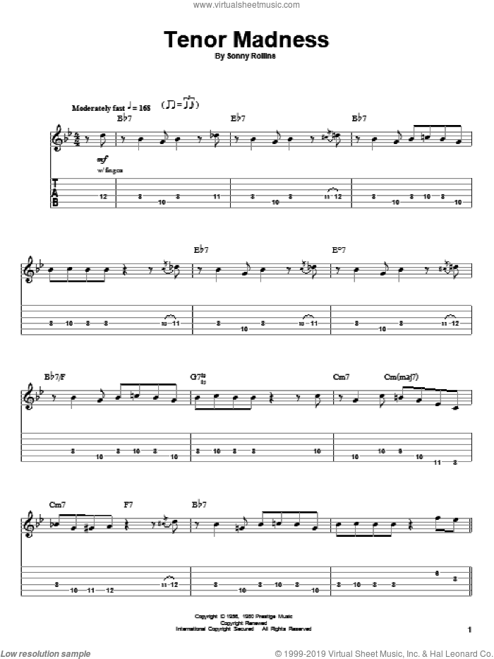 Tenor Madness sheet music for guitar (tablature, play-along) by Sonny Rollins, intermediate skill level