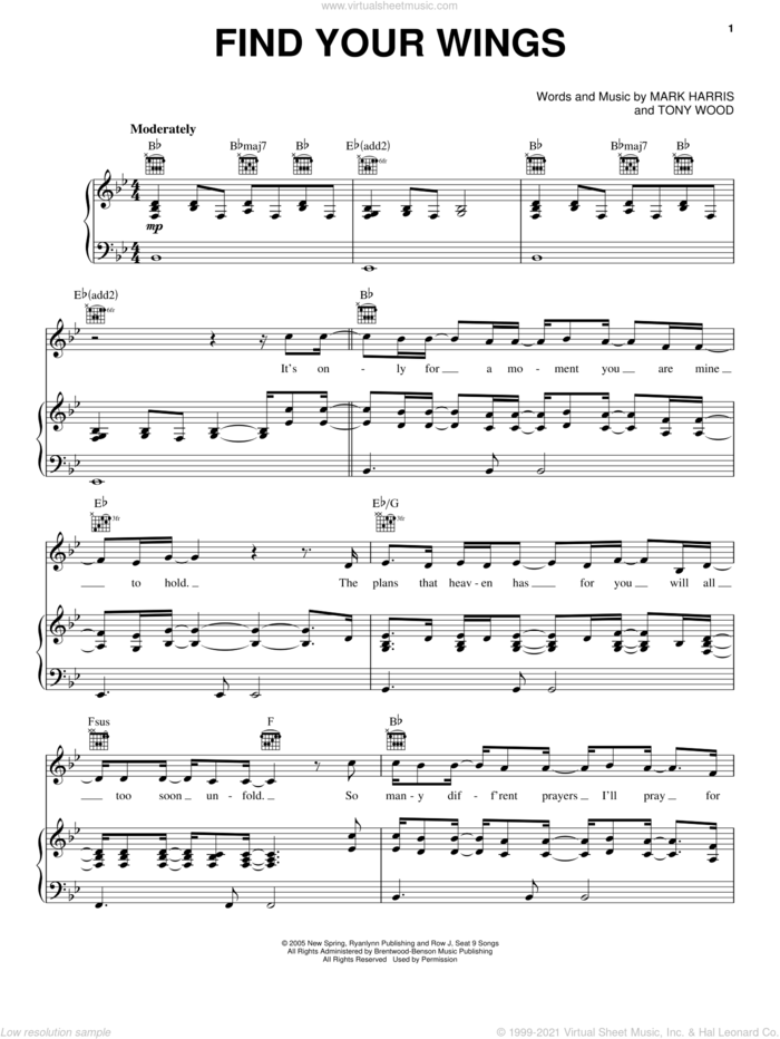 Find Your Wings sheet music for voice, piano or guitar by Tony Wood and Mark Harris, intermediate skill level
