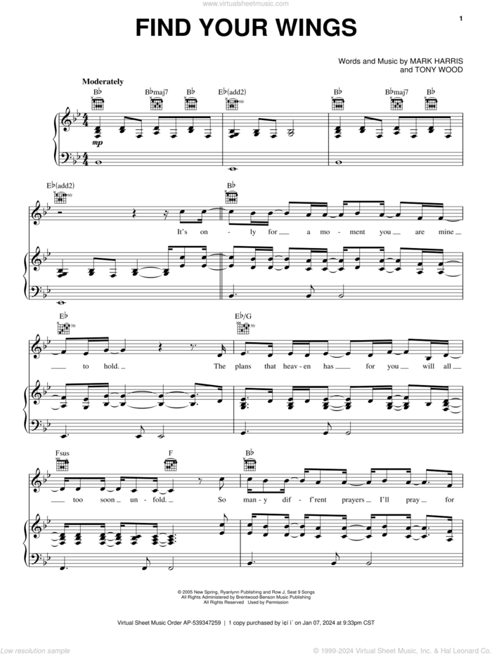 Find Your Wings sheet music for voice, piano or guitar by Tony Wood and Mark Harris, intermediate skill level