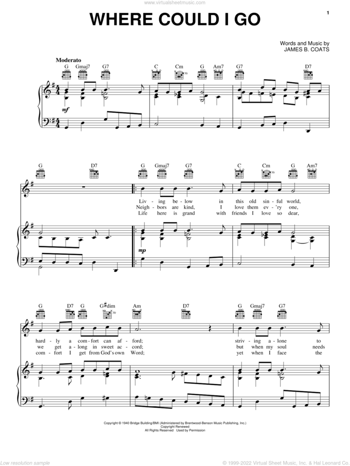Where Could I Go sheet music for voice, piano or guitar by Elvis Presley and James B. Coats, intermediate skill level