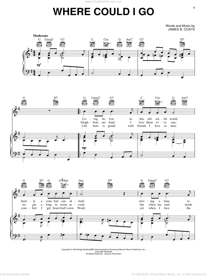 Where Could I Go sheet music for voice, piano or guitar by Elvis Presley and James B. Coats, intermediate skill level