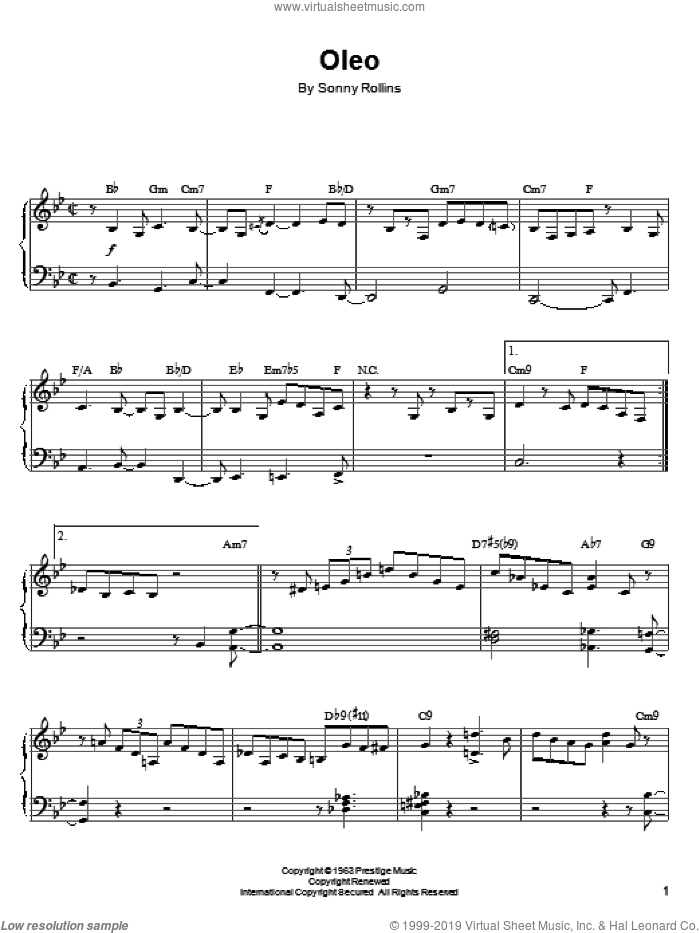 Oleo sheet music for piano solo by John Coltrane and Sonny Rollins, intermediate skill level