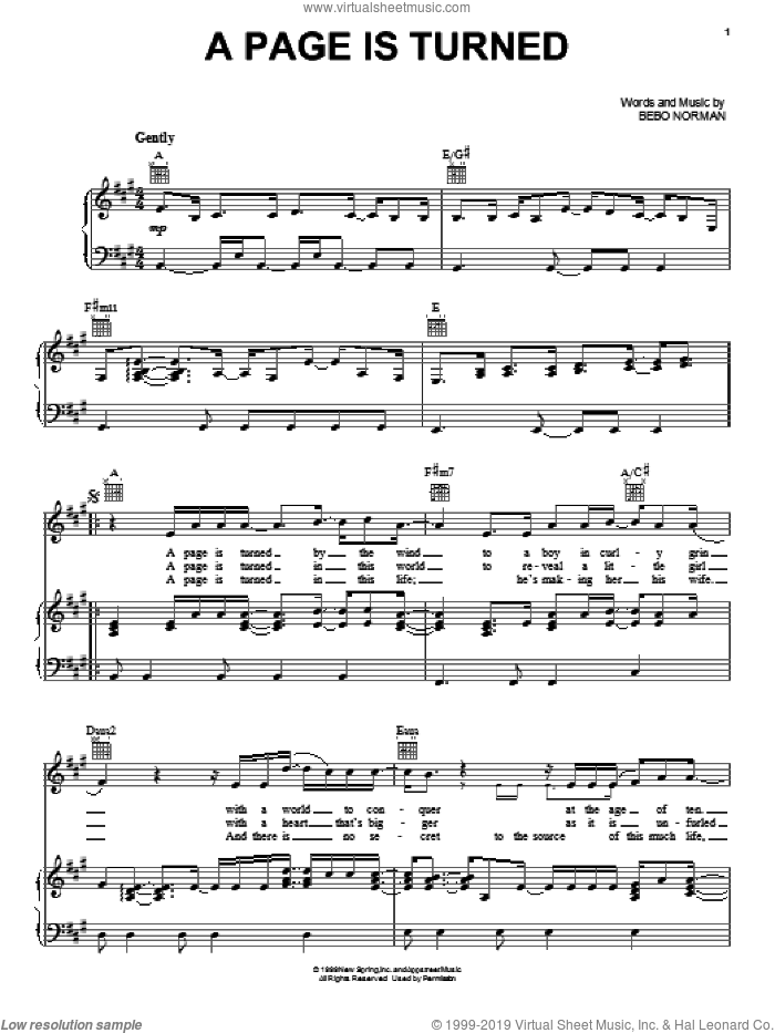 A Page Is Turned sheet music for voice, piano or guitar by Bebo Norman, intermediate skill level