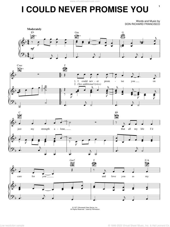 I Could Never Promise You sheet music for voice, piano or guitar by Don Richard Francisco, intermediate skill level