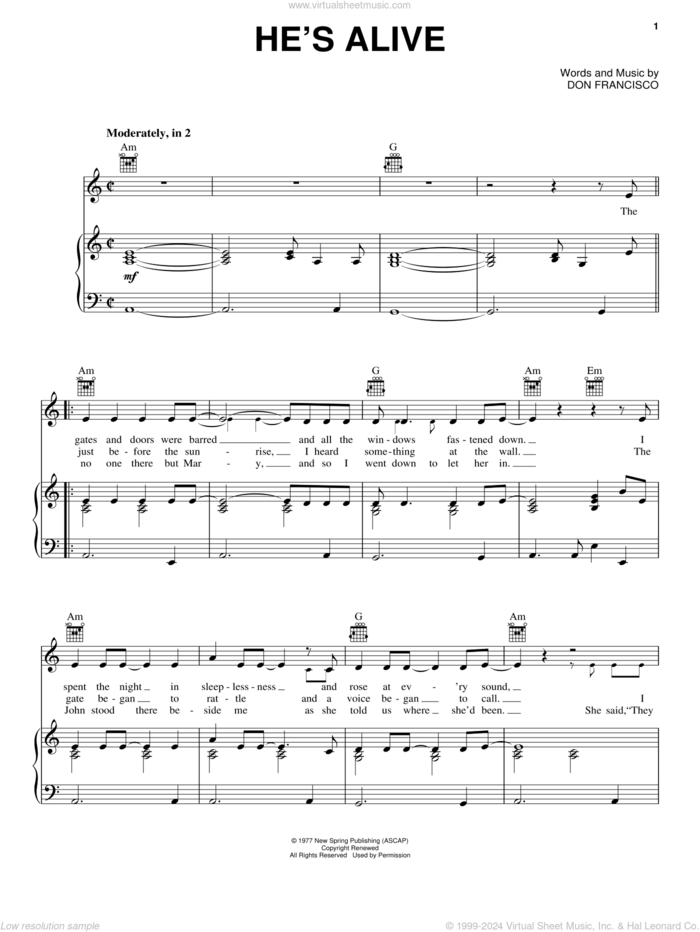 He's Alive sheet music for voice, piano or guitar by Don Francisco, intermediate skill level