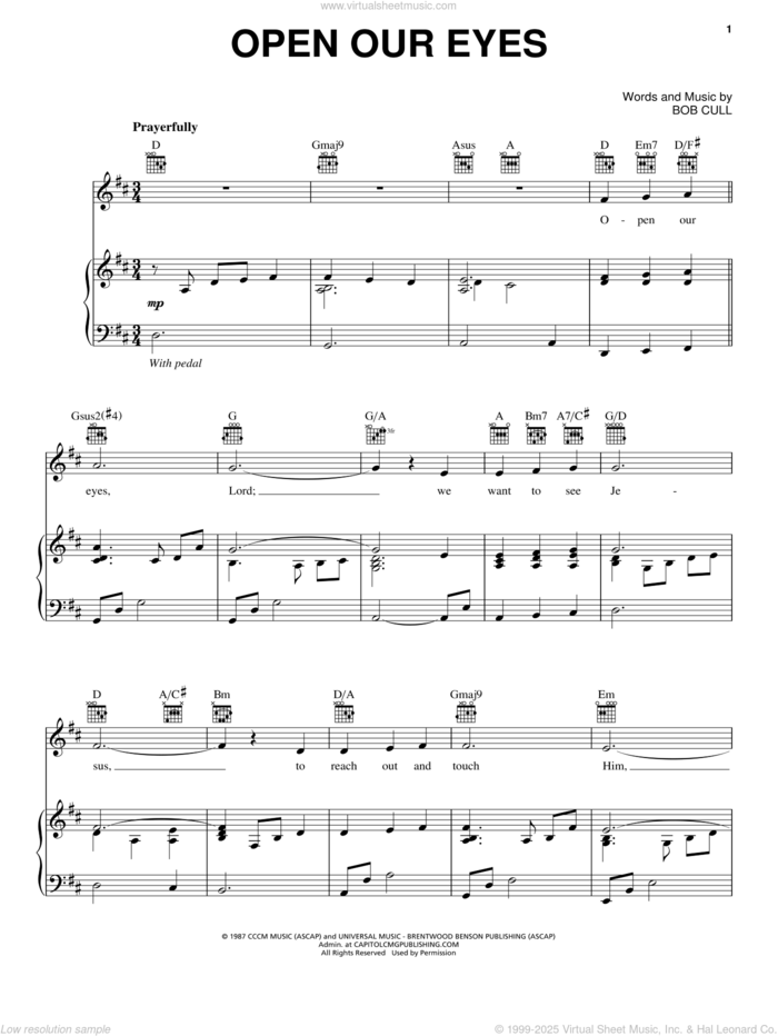 Open Our Eyes sheet music for voice, piano or guitar by Bob Cull, intermediate skill level