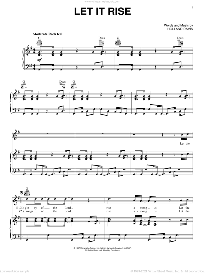 Let It Rise sheet music for voice, piano or guitar by Holland Davis, intermediate skill level
