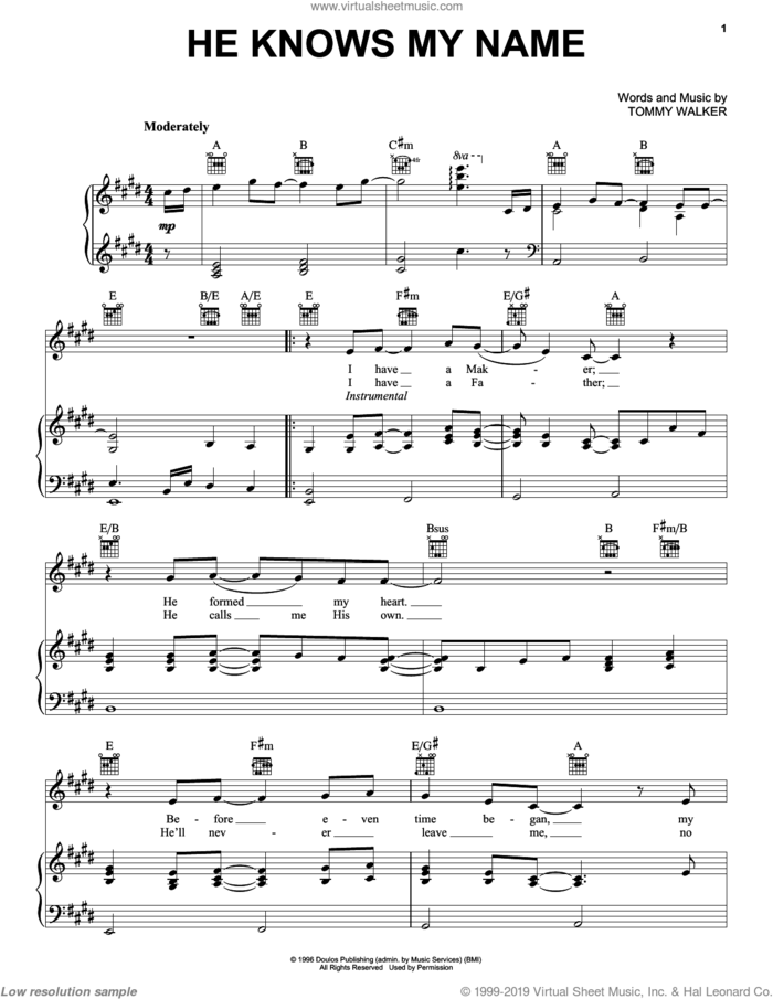 He Knows My Name sheet music for voice, piano or guitar by Tommy Walker, intermediate skill level