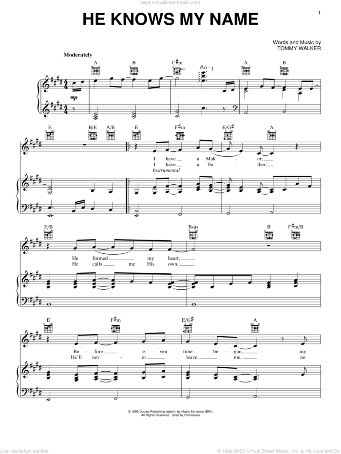 He Knows My Name sheet music for voice, piano or guitar by Tommy Walker, intermediate skill level