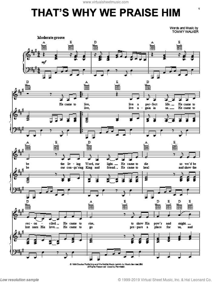 That's Why We Praise Him sheet music for voice, piano or guitar by Tommy Walker, intermediate skill level