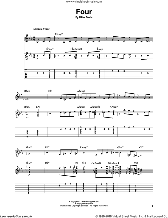Four sheet music for guitar solo (easy tablature) by John Coltrane and Miles Davis, easy guitar (easy tablature)