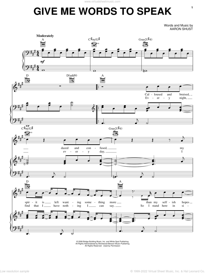 Give Me Words To Speak sheet music for voice, piano or guitar by Aaron Shust, intermediate skill level