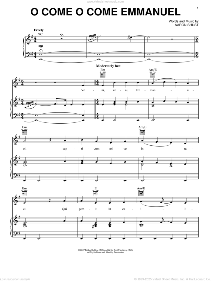 O Come O Come Emmanuel sheet music for voice, piano or guitar by Aaron Shust, intermediate skill level