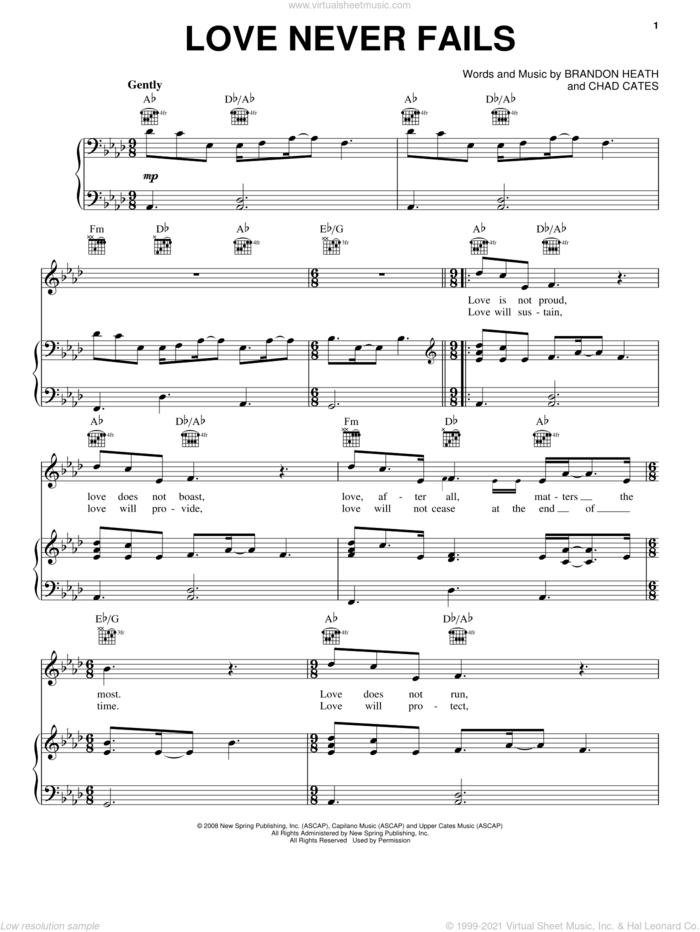 Love Never Fails sheet music for voice, piano or guitar by Brandon Heath, wedding score, intermediate skill level
