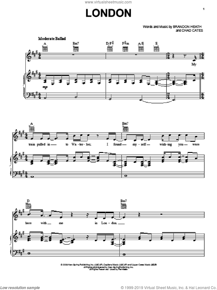 London sheet music for voice, piano or guitar by Brandon Heath and Chad Cates, intermediate skill level