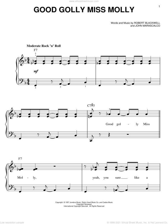Good Golly Miss Molly sheet music for piano solo by Little Richard, John Marascalco and Robert Blackwell, easy skill level
