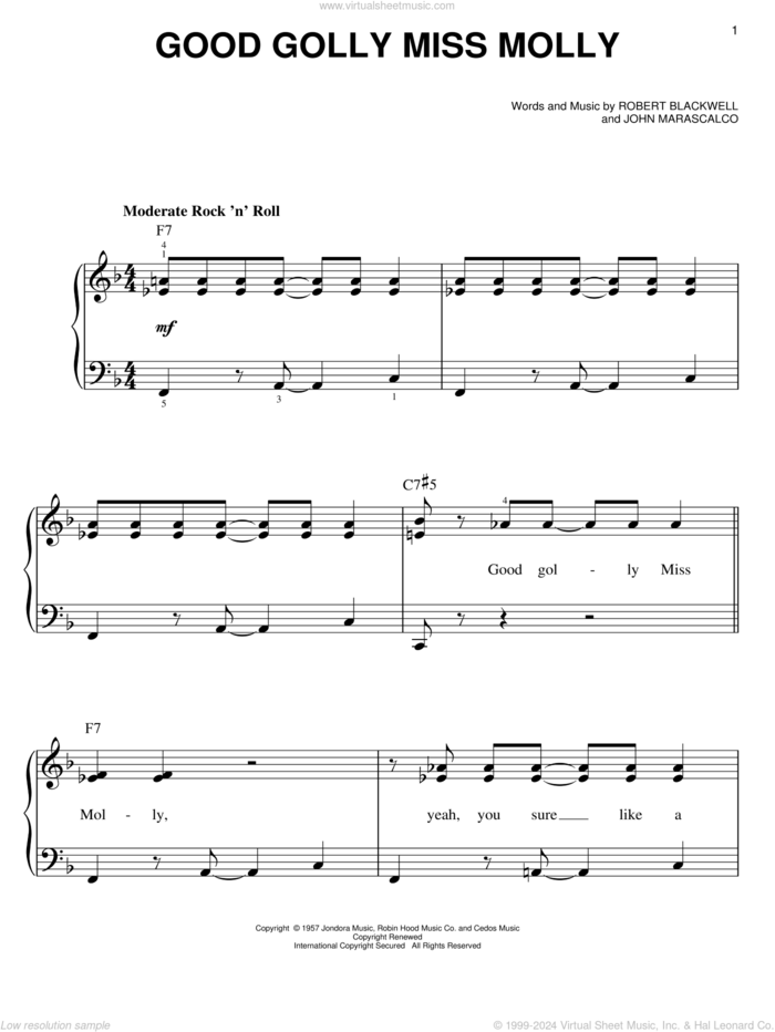 Good Golly Miss Molly sheet music for piano solo by Little Richard, John Marascalco and Robert Blackwell, easy skill level