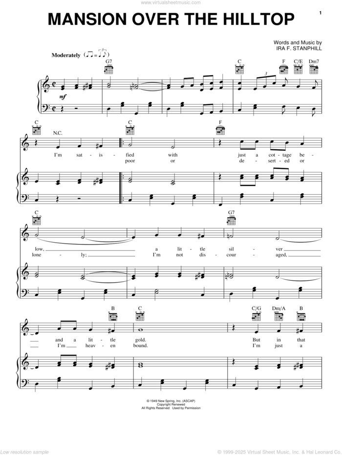 Mansion Over The Hilltop sheet music for voice, piano or guitar by Ira F. Stanphill, intermediate skill level