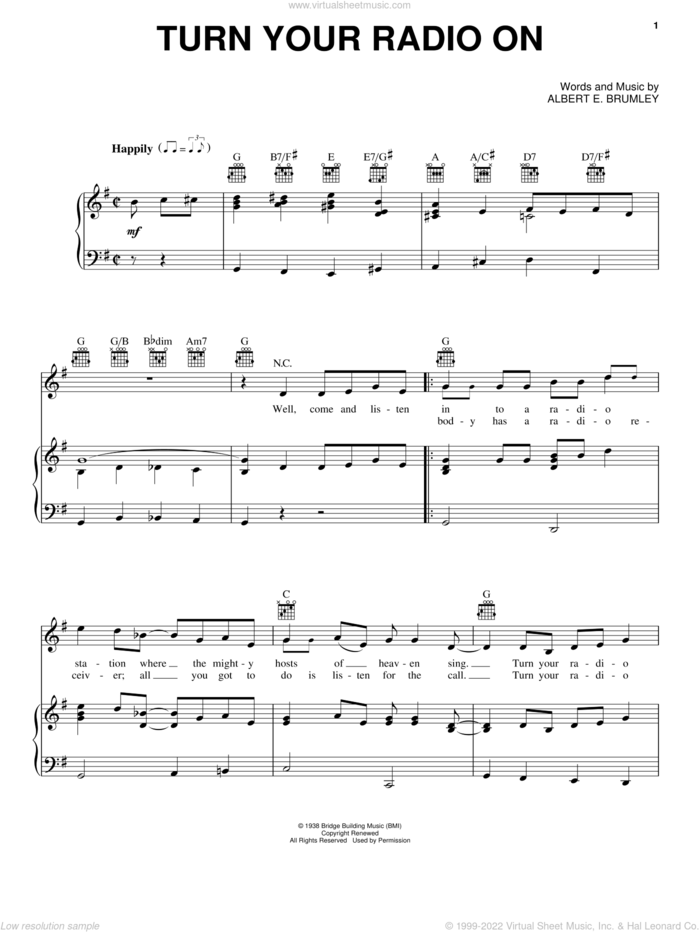 Turn Your Radio On sheet music for voice, piano or guitar by Albert E. Brumley, intermediate skill level