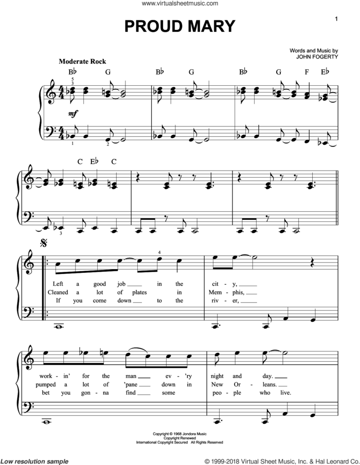 Proud Mary sheet music for piano solo by Creedence Clearwater Revival, Ike & Tina Turner and John Fogerty, beginner skill level