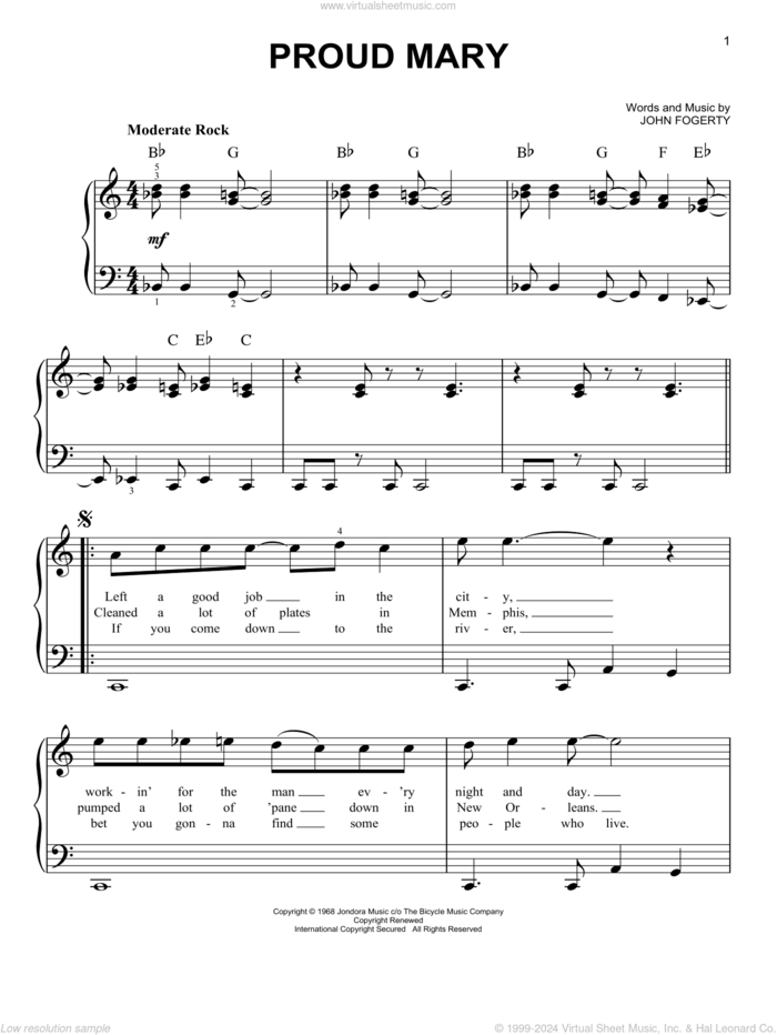 Proud Mary sheet music for piano solo by Creedence Clearwater Revival, Ike & Tina Turner and John Fogerty, beginner skill level