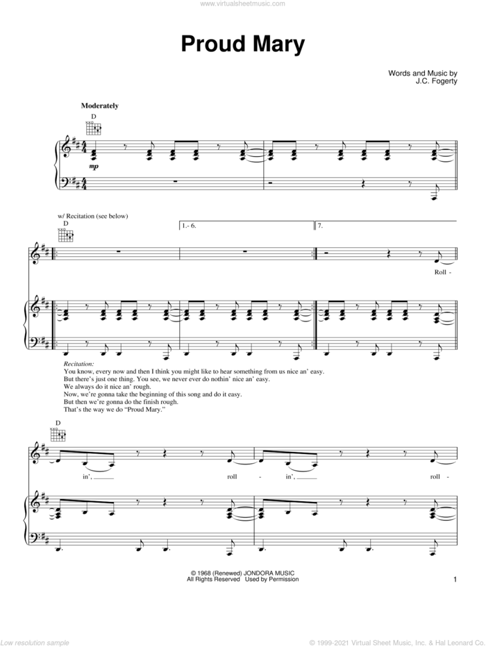 Proud Mary sheet music for voice, piano or guitar by Ike & Tina Turner, Creedence Clearwater Revival and John Fogerty, intermediate skill level
