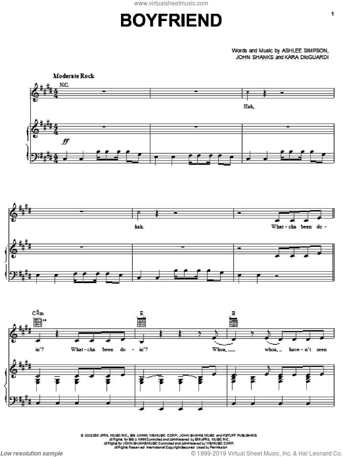Boyfriend sheet music for voice, piano or guitar by Ashlee Simpson, John Shanks and Kara DioGuardi, intermediate skill level