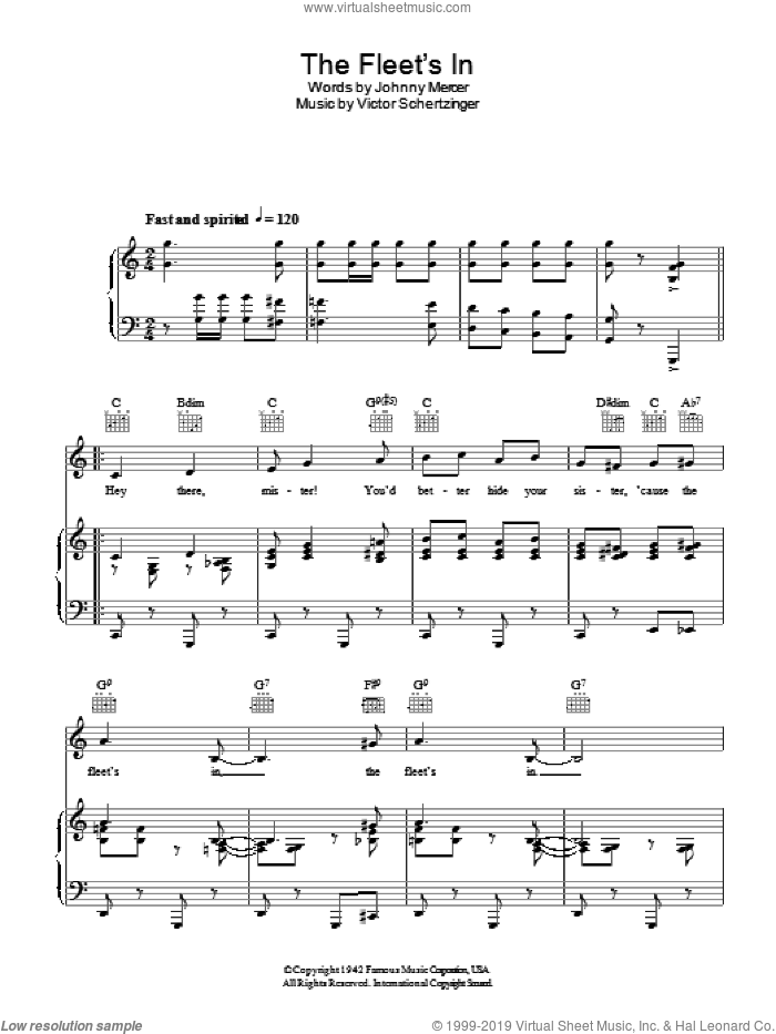 The Fleet's In sheet music for voice, piano or guitar by The Johnson Brothers, Johnny Mercer and Victor Schertzinger, intermediate skill level