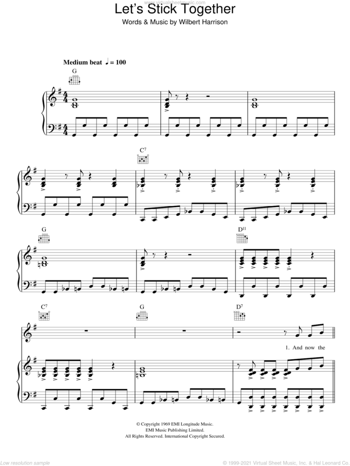 Let's Stick Together sheet music for voice, piano or guitar by Bryan Ferry and Wilbert Harrison, intermediate skill level
